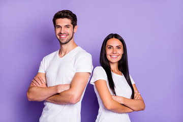 Wall Mural - Close-up portrait of his he her she nice attractive lovely content cheerful cheery couple folded arms good team staff IT profession isolated over purple violet lilac color pastel background