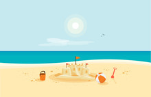 Lonely Sand Castle On Sandy Beach With Blue Sea Ocean Water And Coast Line Clear Summer Sunny Sky In Background. Kid Toys Left On Sand On Holiday. Minimalist Cartoon Style Flat Vector Illustration.