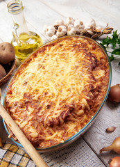 Wall Mural - Homemade cheese pie with potatoes and meat