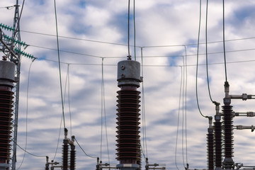 High Voltage Cables.Power station overcast cloudy day.power wires autumn day.Electric transformers.