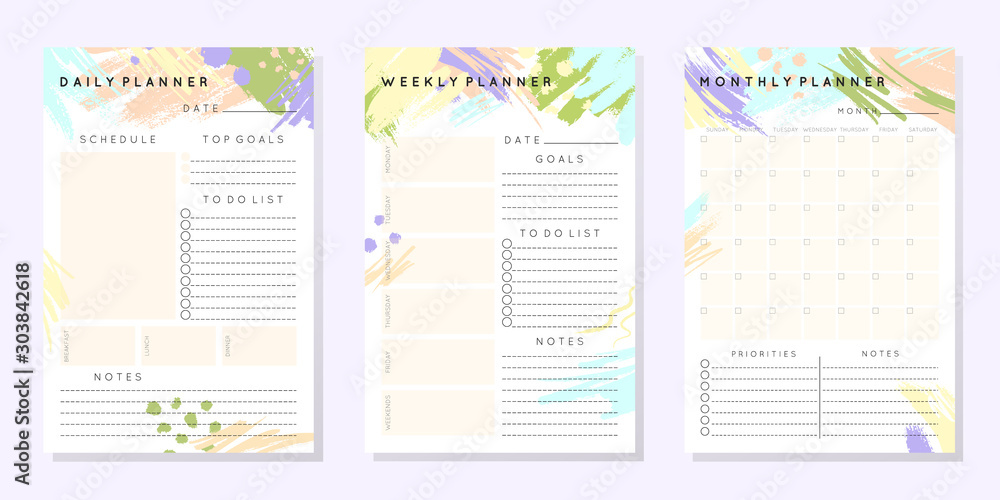Vector planner templates with hand drawn shapes and textures in pastel colors.Organizer and schedule with place for notes,goals and to do list.Trendy minimalistic style.Abstract modern design. - obrazy, fototapety, plakaty 