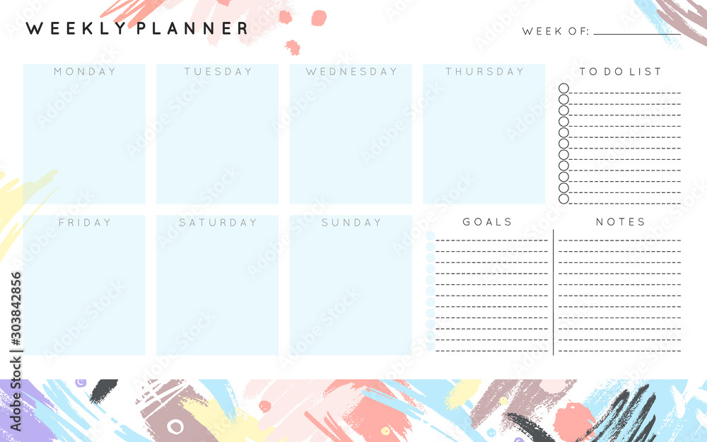 Vector weekly planner template with hand drawn shapes and textures in pastel colors.Organizer and schedule with place for notes,goals and to do list.Trendy minimalistic style.Abstract modern design. - obrazy, fototapety, plakaty 