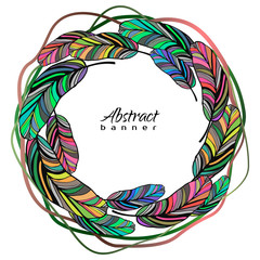 Abstract colorful circle banner with decorative feathers. Element for your design/ Vector illustration.