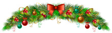 Spruce Christmas Green Garland With Bow And Christmas Balls. Pine Garland. Vector Illustration.