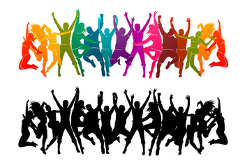 Wall Mural - Illustration vector silhouettes party dance colorful group of jumping people dancing. Jazz funk, hip-hop, house dance. Dancer man on white watercolor background. Happy celebration. Hand up