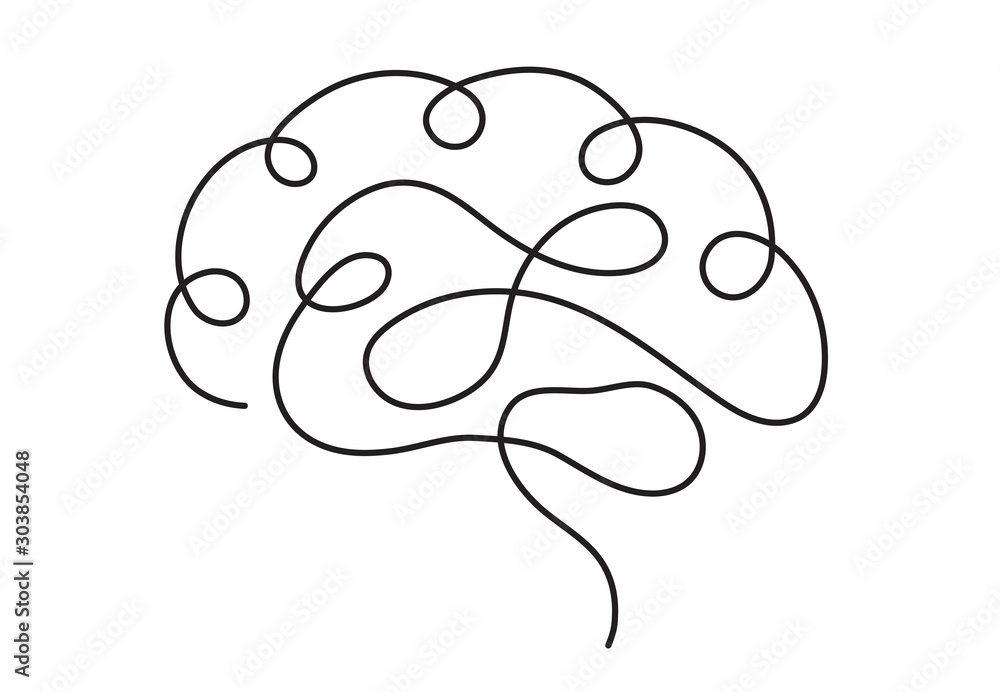 One line brain design silhouette.Logo design. Hand drawn minimalism style - obrazy, fototapety, plakaty 