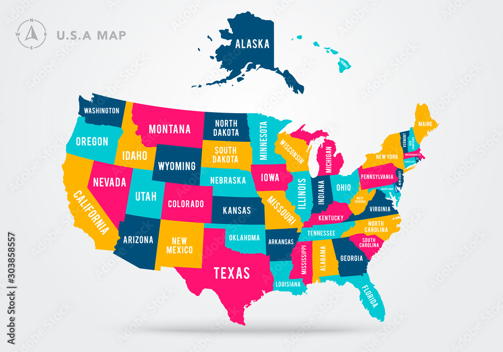 Vector Illustration Colorful Map Of United States Of America With State
