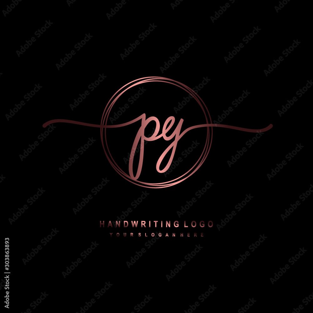 Py Colours Logo PY Initial handwriting logo design with circle lines dark pink ...