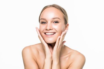 beauty portrait. beautiful spa woman touching her face. perfect fresh skin. pure beauty model.