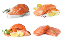 Set Of Fresh Raw Salmon On White Background. Fish Delicacy