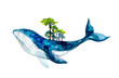 Cute watercolor whale with forest. Fantastic illustration. FantasyHoliday wildlife illustration for design, print, sticker or background. Spirit animal