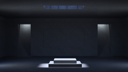 Wall Mural - 3D rendering minimalist room, low key lighting and stage in center.