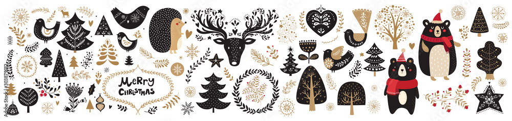 Vector Christmas illustration with  floral ornament and cute animals - obrazy, fototapety, plakaty 