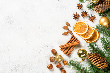 christmas baking background with spices on white.
