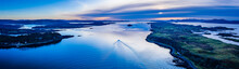 Aerial Panorama Of Loch Linnhe On The West Coast Of Scotland In The Argyll Region Of The Highlands Near Port Appin And Oban And Fort William Showing Pink Skies And Calm Blue Water