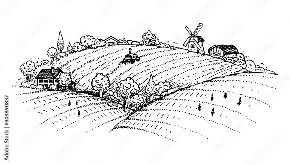 Rural landscape field and hills hand drawn illustration. Doodle sketch ...