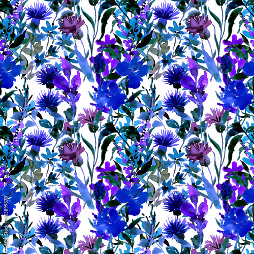 Watercolor seamless pattern with hand drawn flower. Vintage floral print. Bot...