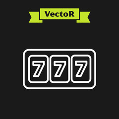 White line Slot machine with lucky sevens jackpot icon isolated on black background. Vector Illustration