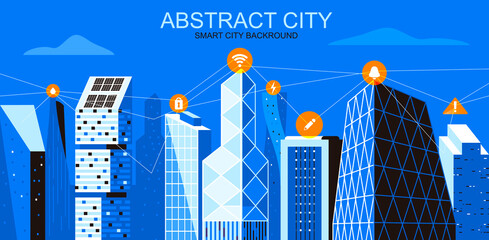 Poster - Vector illustration in simple flat style - cityscape with wireless information network - abstract IOT banner and smart city background with copy space for text - header image for landing page.