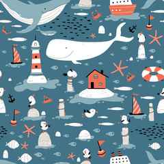 Marine seamless pattern. Childish illustration in simple hand-drawn Scandinavian style. Cute animals and fish. Whales, sharks, seagulls, etc. Lighthouse, Nordic house, ships.