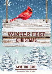 Wall Mural - Winter fest hanging wooden sign. Red bird sitting on it. Blizzard with pine trees covered in snow. Vector