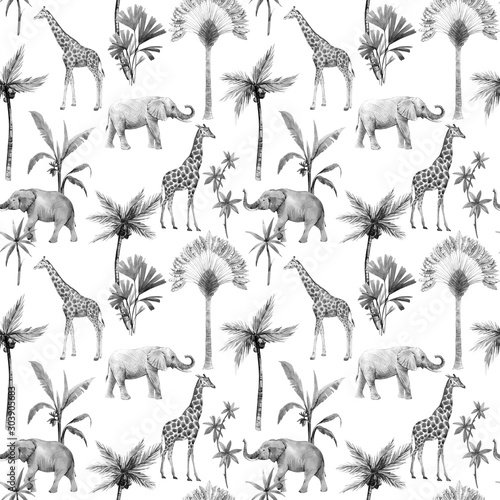 Materiał do szycia Watercolor seamless patterns with safari animals and palm trees. Elephant giraffe.
