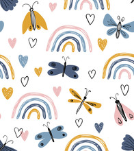 Scandinavian Seamless Pattern With Rainbows, Hearts, Butterflies. Hand Drawn Cute Texture. Modern Ornament In Vector. Perfect For Fabric Or Childish Design