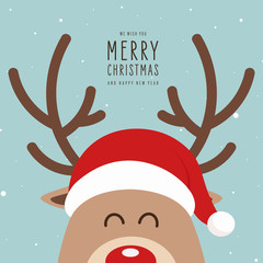 Reindeer red nosed cute close up cartoon face snowy background. Christmas card