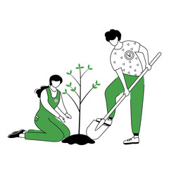 People planting tree flat contour vector illustration. Gardeners, farmers isolated cartoon outline character on white background. Community work day simple drawing. Farming gardening concept