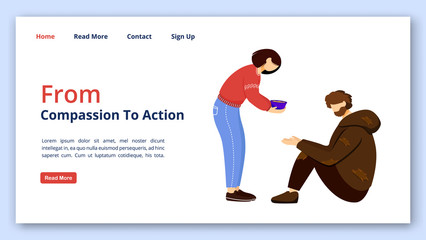 From compassion to action landing page vector template. Charity website interface idea with flat illustrations. Humanitarian help homepage layout. Feeding poor web banner, webpage cartoon concept