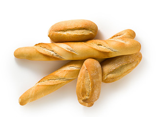 Wall Mural - fresh white bread baguette and bun isolated on a white background with seeds