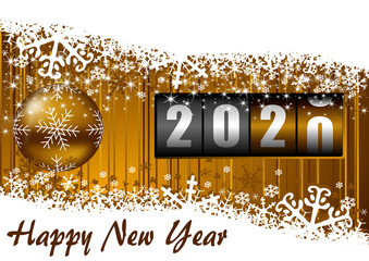 Wall Mural - New years 2020 background, illustration, greeting card with golden christmas ball, counter and snowflakes with empty copy space