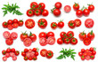 Tomatoes collection of whole, sliced and leaf isolated on white background. Tasty and healthy food. Flat lay, top view