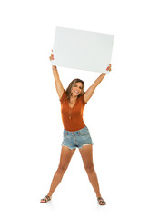 Casual Woman Holds White Card Sign Above Head