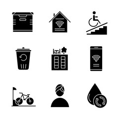 Poster - Apartment amenities glyph icons set. Storage, smart home, wheelchair access, rooftop deck, iInternet access, bike parking, spa, water filtration. Silhouette symbols. Vector isolated illustration