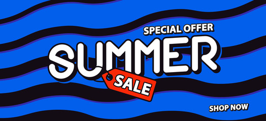 Wall Mural - Summer sale 50 percent off promotion square website banner heading design on graphic blue & black wave background vector for banner or poster. Sale and Discounts Concept.