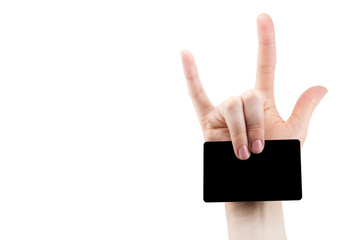 hand with rock and roll sign holding blank for card, Bank card, isolated on white background, copy space, mock up