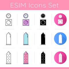 Wall Mural - Condom icons set. Safe sex. Female latex reusable contraceptive with dots in package. Male preservative method. Flat design, linear, black and color styles. Isolated vector illustrations