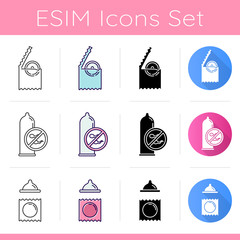 Sticker - Contraceptive icons set. Safe sex. Male latex condom in package. Preservative method. Birth control. HIV, AIDs precaution. Flat design, linear, black and color styles. Isolated vector illustrations