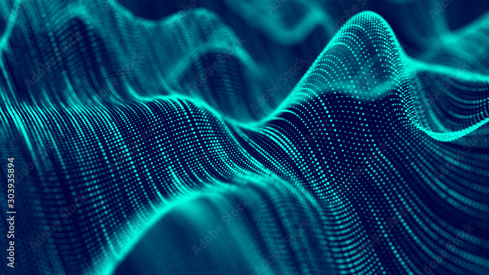 Abstract technology flow background. Futuristic green dots background with a dynamic wave. 3d rendering. - obrazy, fototapety, plakaty 