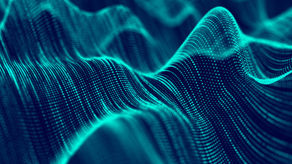 Leinwandbilder - Abstract technology flow background. Futuristic green dots background with a dynamic wave. 3d rendering.