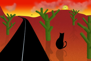 Wall Mural - Road in the cartoon desert. Red sunset or sunrise, green cacti and black cat