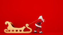 Santa Claus Drags A Big Golden Sleigh On A Red Background
