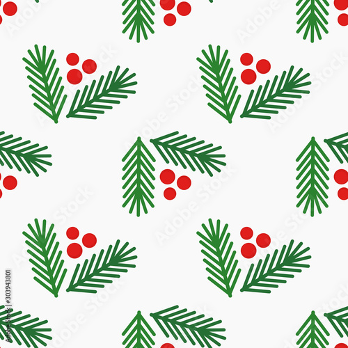 Materiał do szycia Christmas tree fir branches and berries simple seamless pattern on white background.