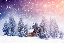 Wooden Cottage In A Fairy-tale Winter Landscape.