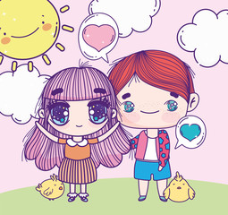 Sticker - anime cute boy and girl with chickens outdoor