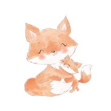 Cute Watercolor Foxes. Mother And Baby
