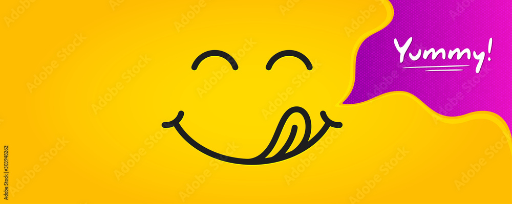 Yummy smile emoticon with tongue lick mouth. Tasty food eating emoji face. Delicious cartoon with saliva drops on yellow background. Smile face line design. Savory gourmet. Yummy vector - obrazy, fototapety, plakaty 