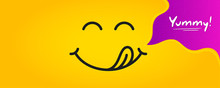 Yummy Smile Emoticon With Tongue Lick Mouth. Tasty Food Eating Emoji Face. Delicious Cartoon With Saliva Drops On Yellow Background. Smile Face Line Design. Savory Gourmet. Yummy Vector