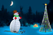 © wewi-creative - A lit snowman rides on skis at night in Lapland in Finland. The moon is shining and a Christmas tree is lit. A campfire blazes in the background. Very romantic and christmassy.